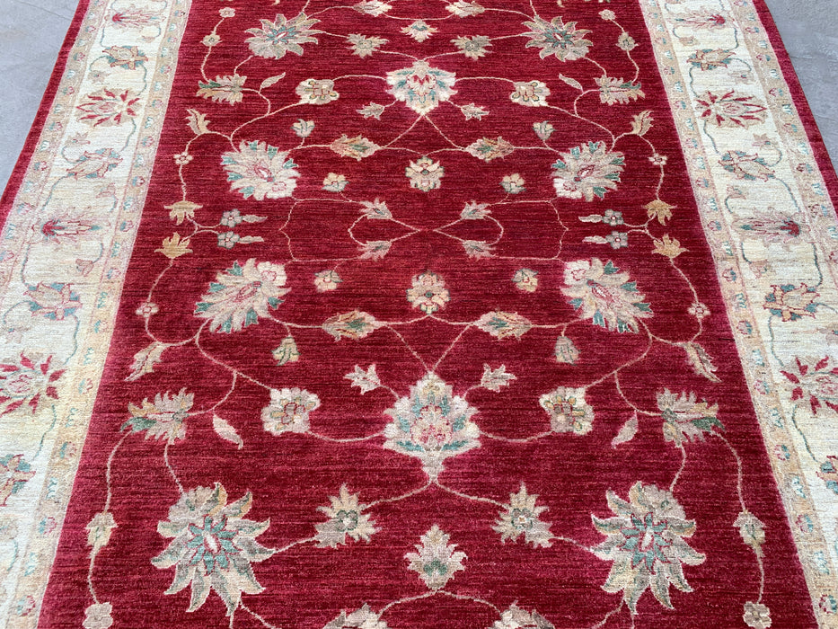 8'4 x 6'4 handgeknoopt Peshawari Chobi wollen tapijt - Rood traditioneel bloemmotief karpet - KBHM-542