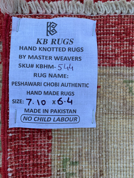 7'10 x 6'4 Hand-Knotted Peshawari Chobi Wool Rug - Red Traditional Floral Area Rug - KBHM-544