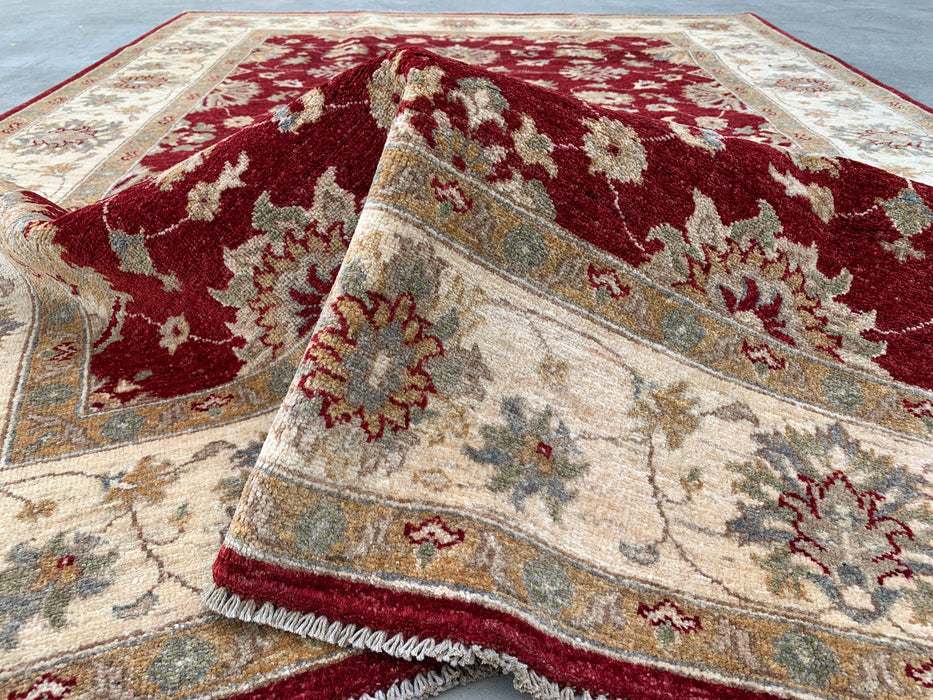 7'9 x 5'9 handgeknoopt Peshawari Chobi wollen tapijt - Rood traditioneel bloemmotief karpet - KBHM-545