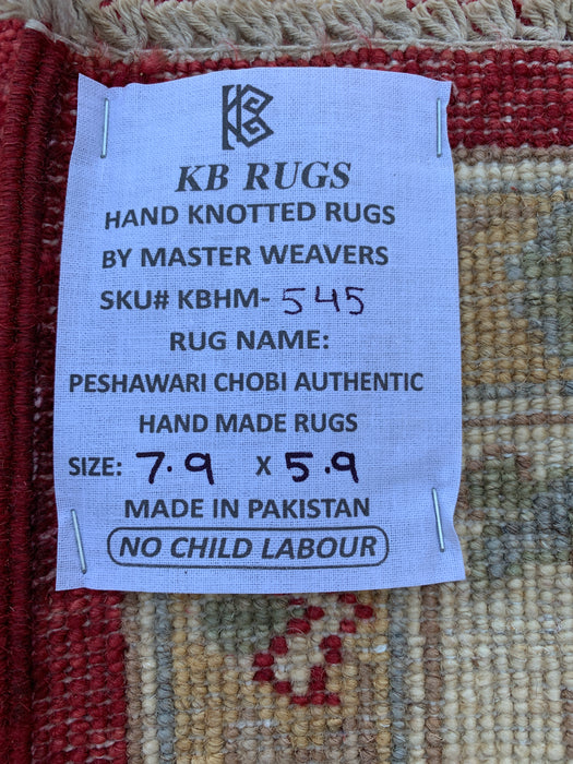 7'9 x 5'9 handgeknoopt Peshawari Chobi wollen tapijt - Rood traditioneel bloemmotief karpet - KBHM-545