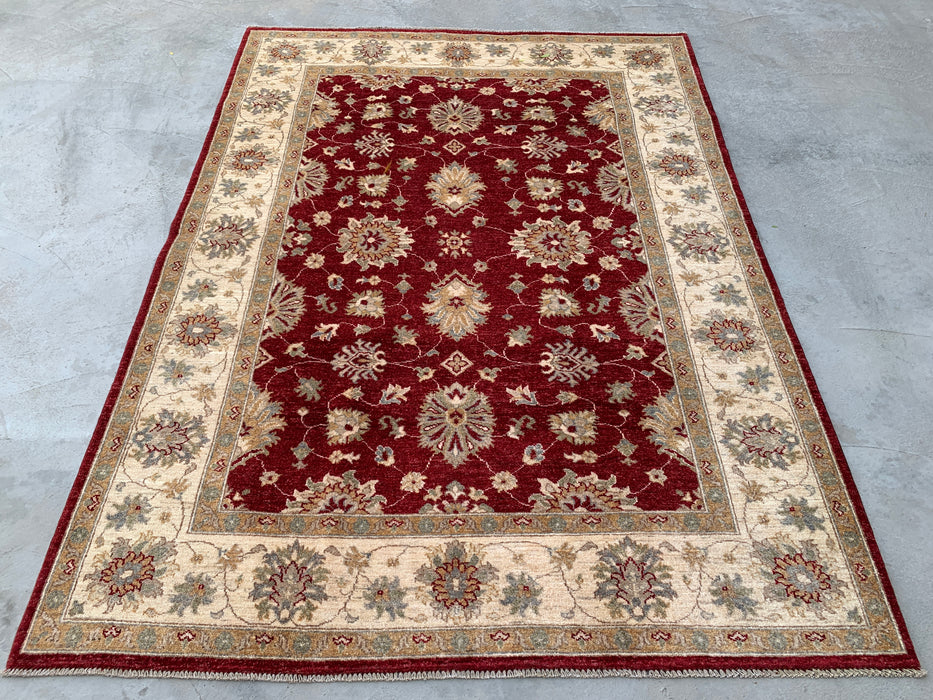7'9 x 5'9 handgeknoopt Peshawari Chobi wollen tapijt - Rood traditioneel bloemmotief karpet - KBHM-545