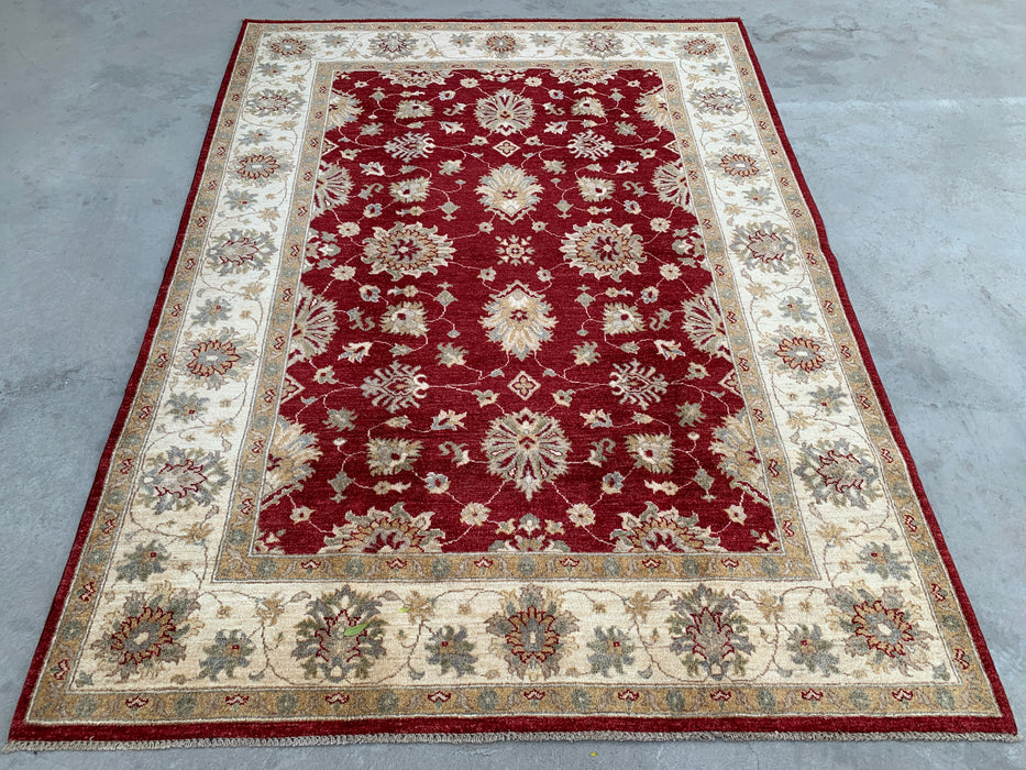 7'9 x 5'9 handgeknoopt Peshawari Chobi wollen tapijt - Rood traditioneel bloemmotief karpet - KBHM-545
