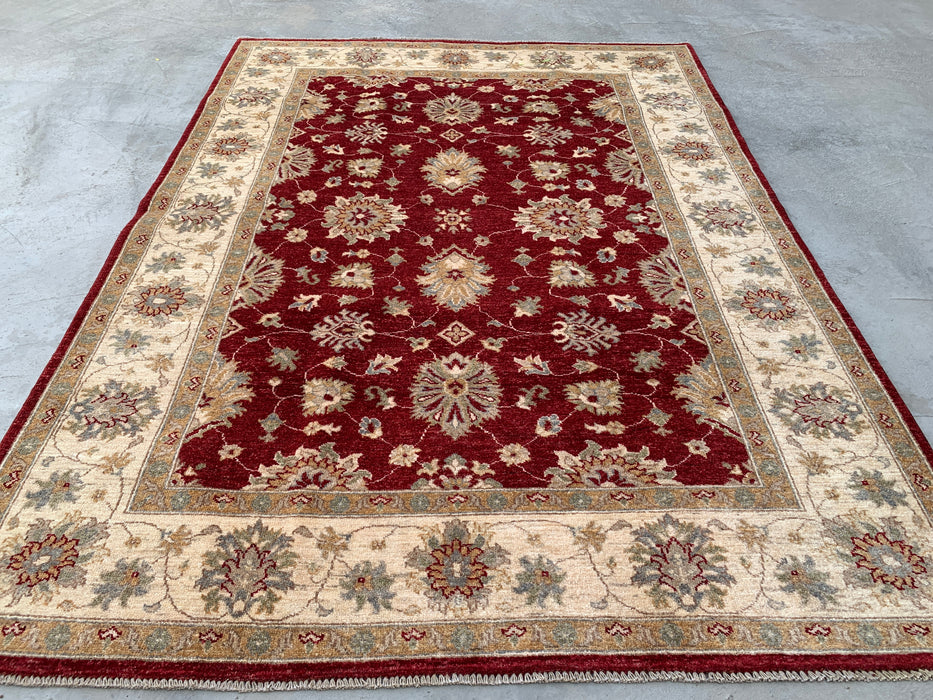 7'9 x 5'9 handgeknoopt Peshawari Chobi wollen tapijt - Rood traditioneel bloemmotief karpet - KBHM-545
