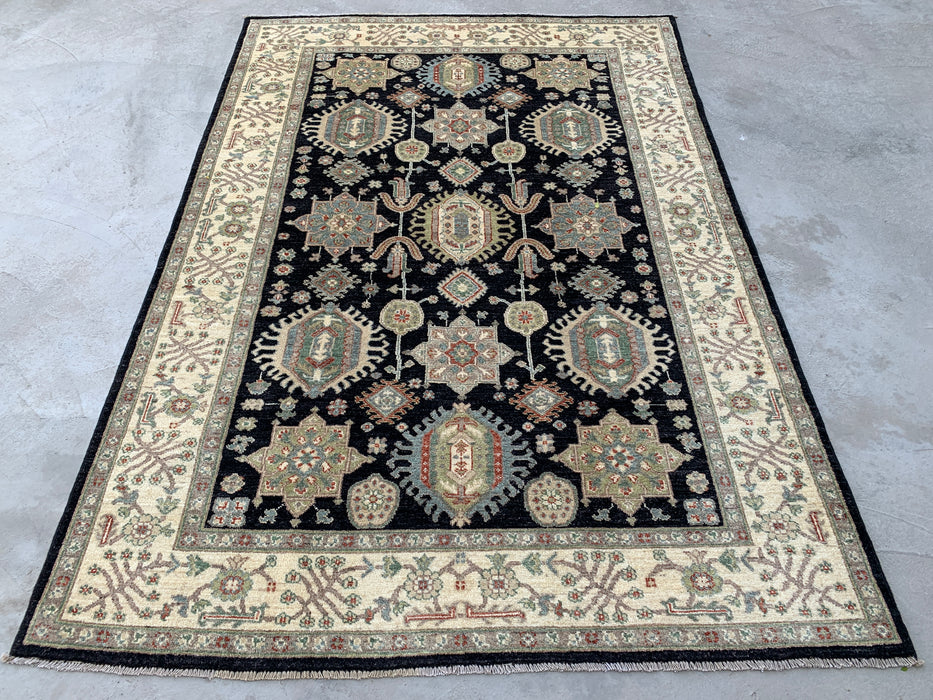 7'11 x 5'6 Hand-Knotted Peshawari Chobi Wool Rug - Black Tribal Traditional Area Rug - KBHM-546