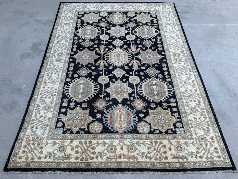 7'11 x 5'6 Hand-Knotted Peshawari Chobi Wool Rug - Black Tribal Traditional Area Rug - KBHM-546