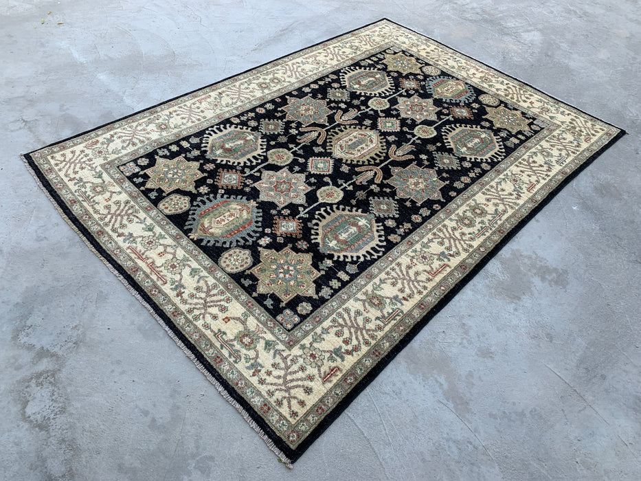 7'11 x 5'6 Hand-Knotted Peshawari Chobi Wool Rug - Black Tribal Traditional Area Rug - KBHM-546