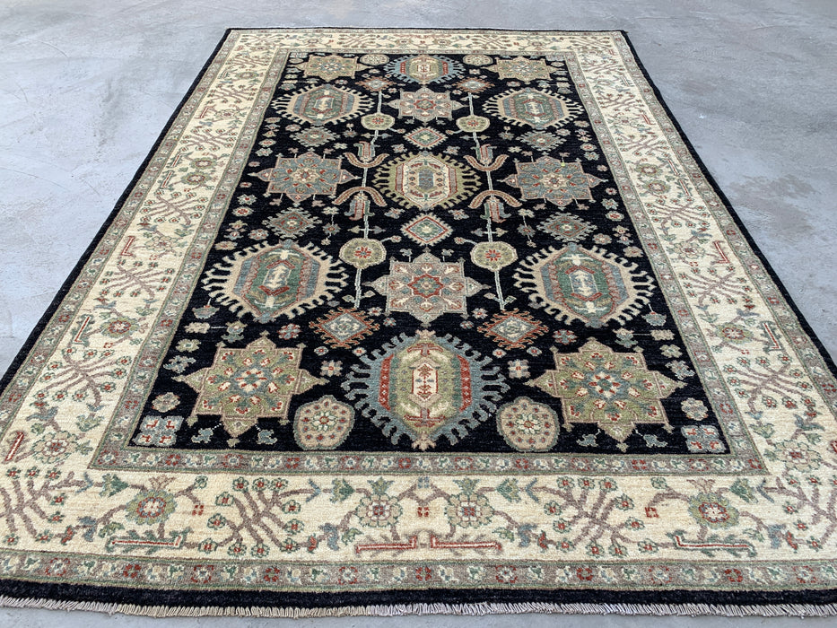 7'11 x 5'6 Hand-Knotted Peshawari Chobi Wool Rug - Black Tribal Traditional Area Rug - KBHM-546