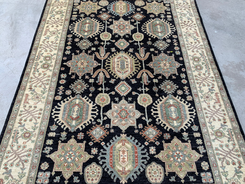 7'11 x 5'6 Hand-Knotted Peshawari Chobi Wool Rug - Black Tribal Traditional Area Rug - KBHM-546