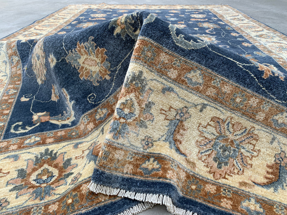 8'11 x 5'11 Hand-Knotted Peshawari Chobi Wool Rug - Blue Traditional Floral Area Rug - KBHM-548