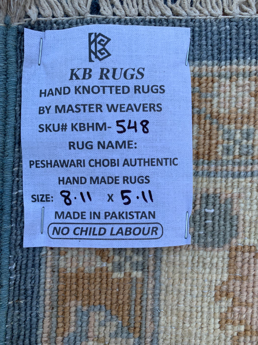 8'11 x 5'11 Hand-Knotted Peshawari Chobi Wool Rug - Blue Traditional Floral Area Rug - KBHM-548