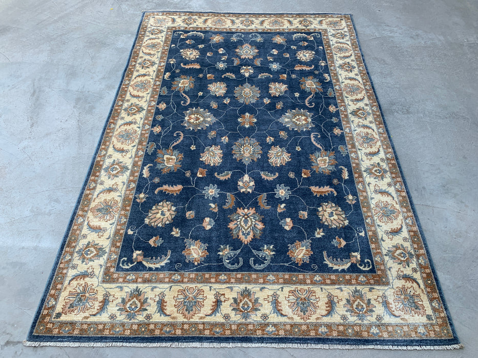 8'11 x 5'11 Hand-Knotted Peshawari Chobi Wool Rug - Blue Traditional Floral Area Rug - KBHM-548
