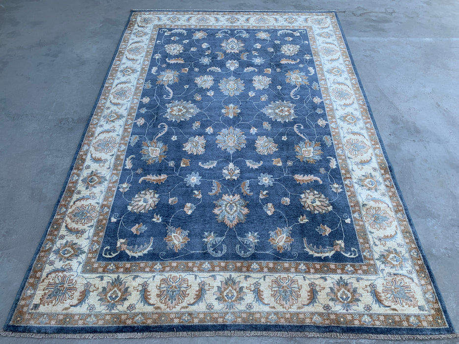 8'11 x 5'11 Hand-Knotted Peshawari Chobi Wool Rug - Blue Traditional Floral Area Rug - KBHM-548