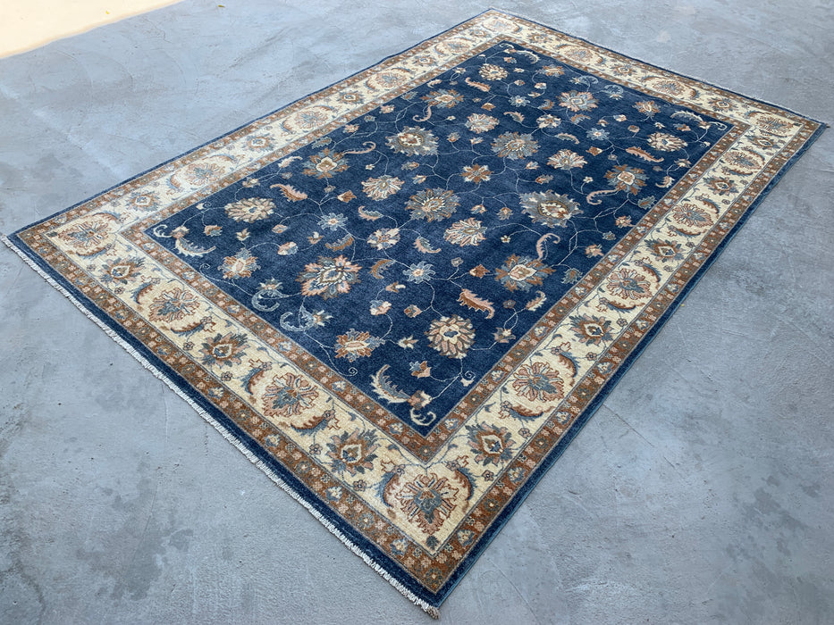 8'11 x 5'11 Hand-Knotted Peshawari Chobi Wool Rug - Blue Traditional Floral Area Rug - KBHM-548