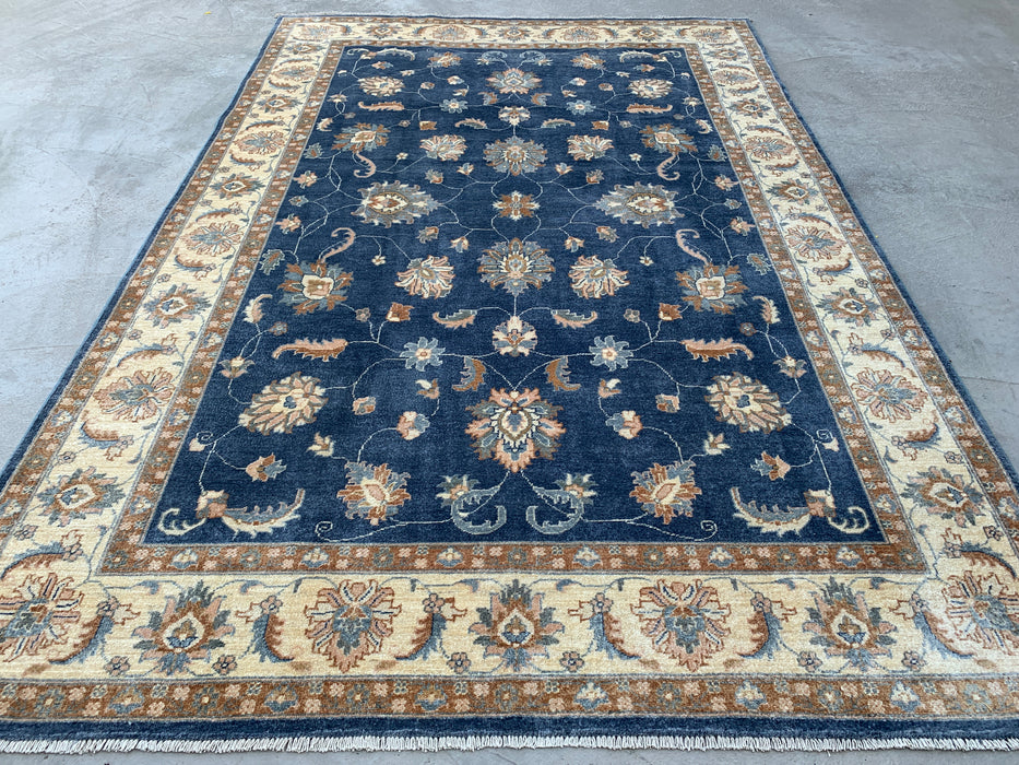 8'11 x 5'11 Hand-Knotted Peshawari Chobi Wool Rug - Blue Traditional Floral Area Rug - KBHM-548