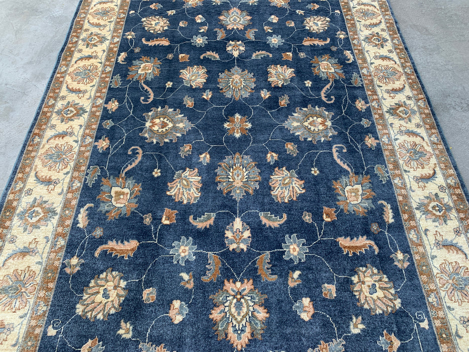 8'11 x 5'11 Hand-Knotted Peshawari Chobi Wool Rug - Blue Traditional Floral Area Rug - KBHM-548