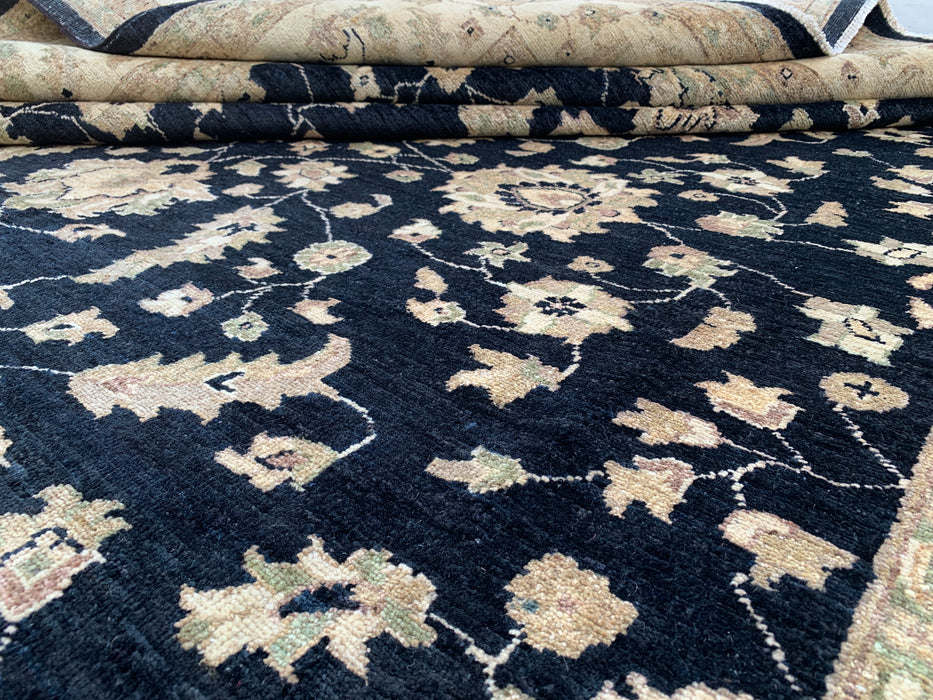 9'11 x 7'11 Hand-Knotted Peshawari Chobi Wool Rug - Black Traditional Floral Area Rug - KBHM-549