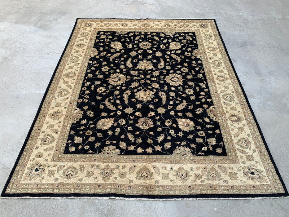 9'11 x 7'11 Hand-Knotted Peshawari Chobi Wool Rug - Black Traditional Floral Area Rug - KBHM-549