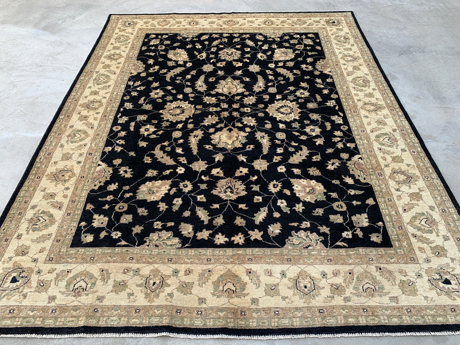 9'11 x 7'11 Hand-Knotted Peshawari Chobi Wool Rug - Black Traditional Floral Area Rug - KBHM-549
