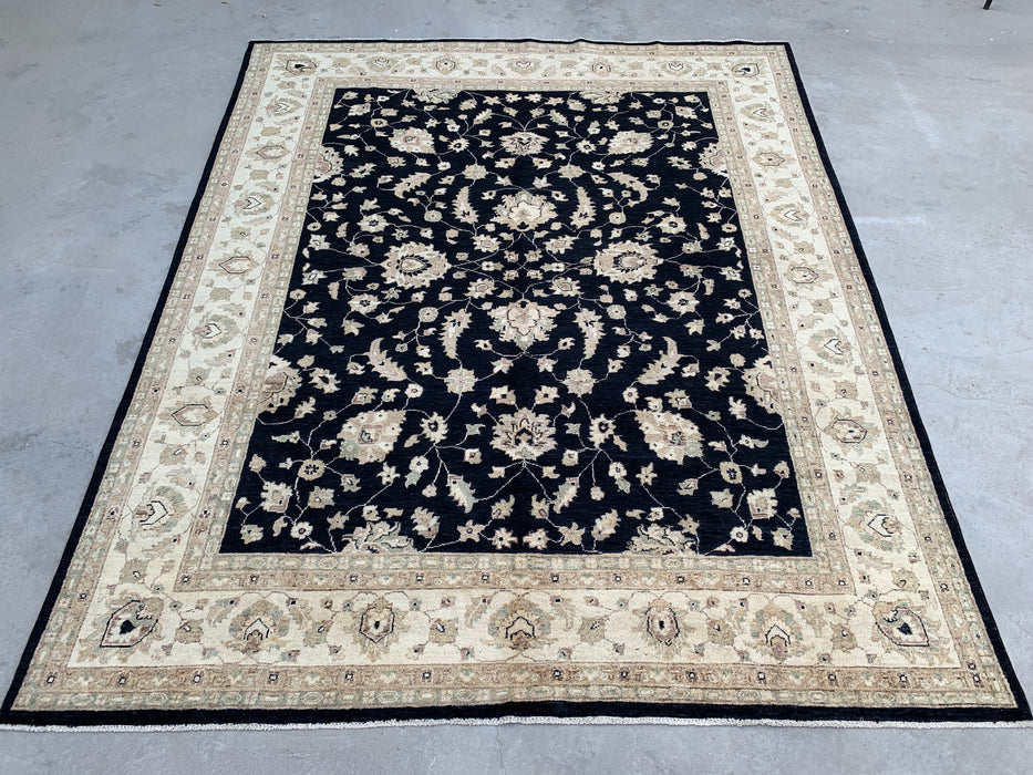 9'11 x 7'11 Hand-Knotted Peshawari Chobi Wool Rug - Black Traditional Floral Area Rug - KBHM-549