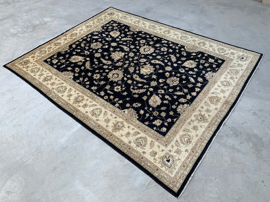 9'11 x 7'11 Hand-Knotted Peshawari Chobi Wool Rug - Black Traditional Floral Area Rug - KBHM-549