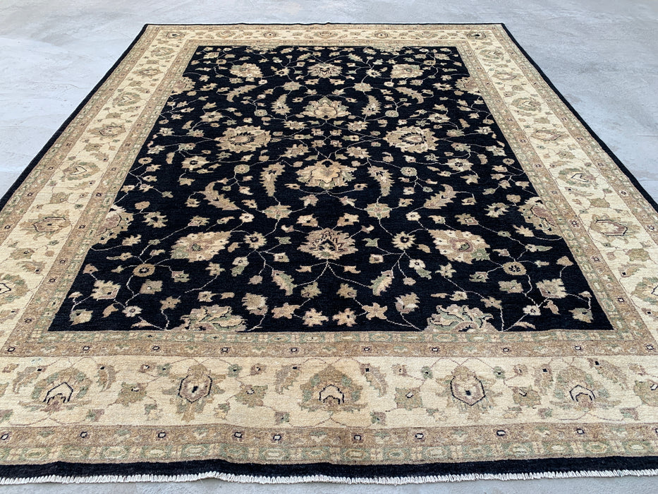 9'11 x 7'11 Hand-Knotted Peshawari Chobi Wool Rug - Black Traditional Floral Area Rug - KBHM-549