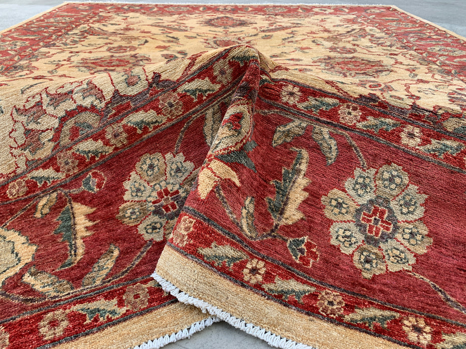 10'1 x 7'11 Handgeknoopt Peshawari Chobi wollen tapijt - Rood traditioneel bloemenkleed - KBHM-550