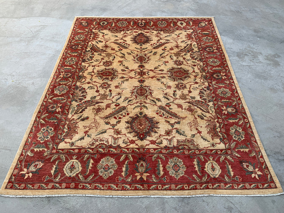 10'1 x 7'11 Handgeknoopt Peshawari Chobi wollen tapijt - Rood traditioneel bloemenkleed - KBHM-550