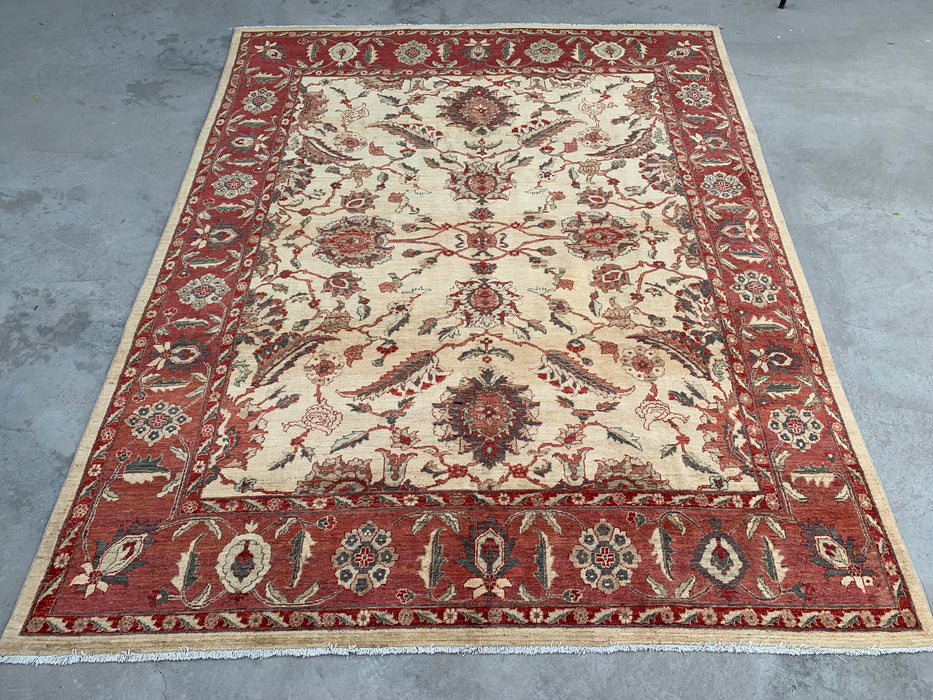 10'1 x 7'11 Handgeknoopt Peshawari Chobi wollen tapijt - Rood traditioneel bloemenkleed - KBHM-550