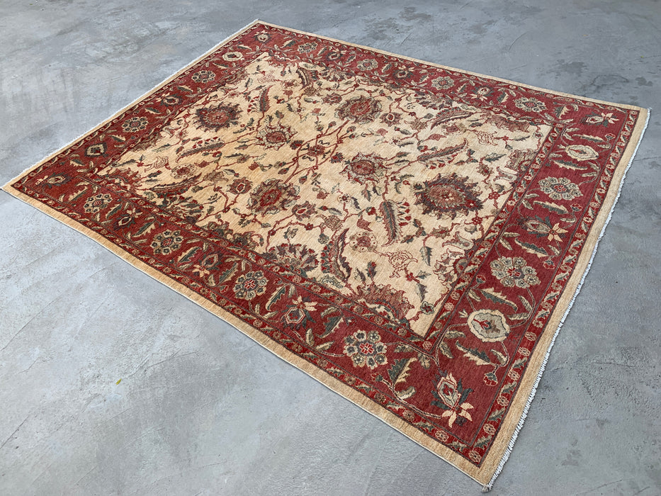 10'1 x 7'11 Handgeknoopt Peshawari Chobi wollen tapijt - Rood traditioneel bloemenkleed - KBHM-550