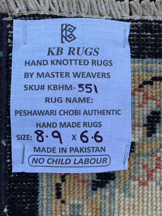 8'9 x 6'6 handgeknoopt Pesjwari Chobi wollen tapijt - Zwart traditioneel bloemrijk karpet - KBHM-551