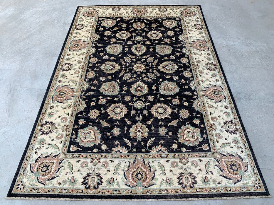 8'9 x 6'6 handgeknoopt Pesjwari Chobi wollen tapijt - Zwart traditioneel bloemrijk karpet - KBHM-551