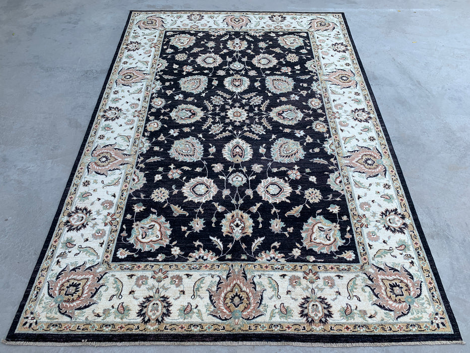 8'9 x 6'6 handgeknoopt Pesjwari Chobi wollen tapijt - Zwart traditioneel bloemrijk karpet - KBHM-551