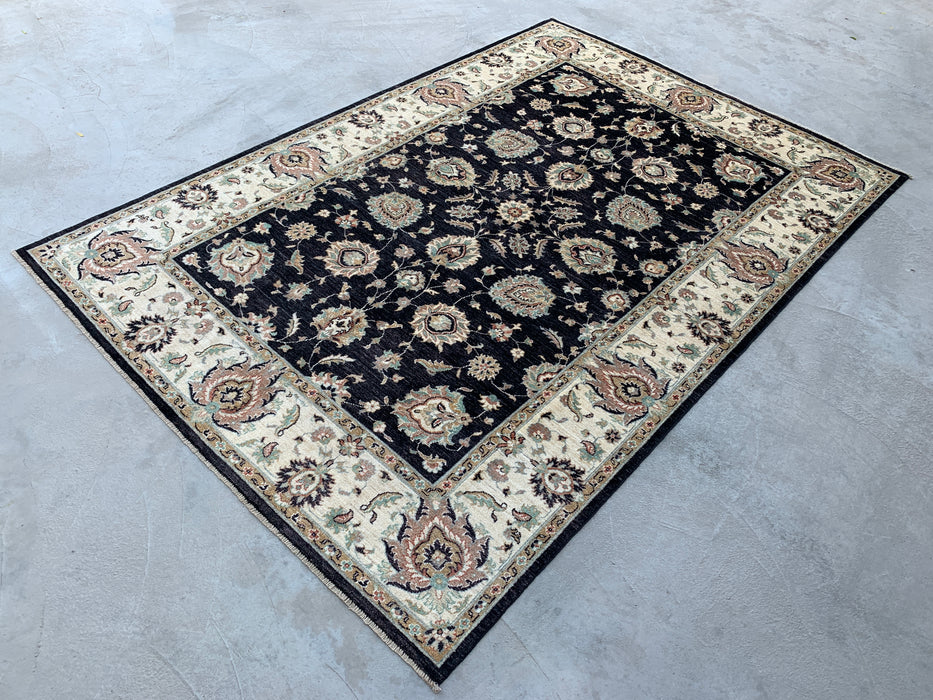 8'9 x 6'6 handgeknoopt Pesjwari Chobi wollen tapijt - Zwart traditioneel bloemrijk karpet - KBHM-551