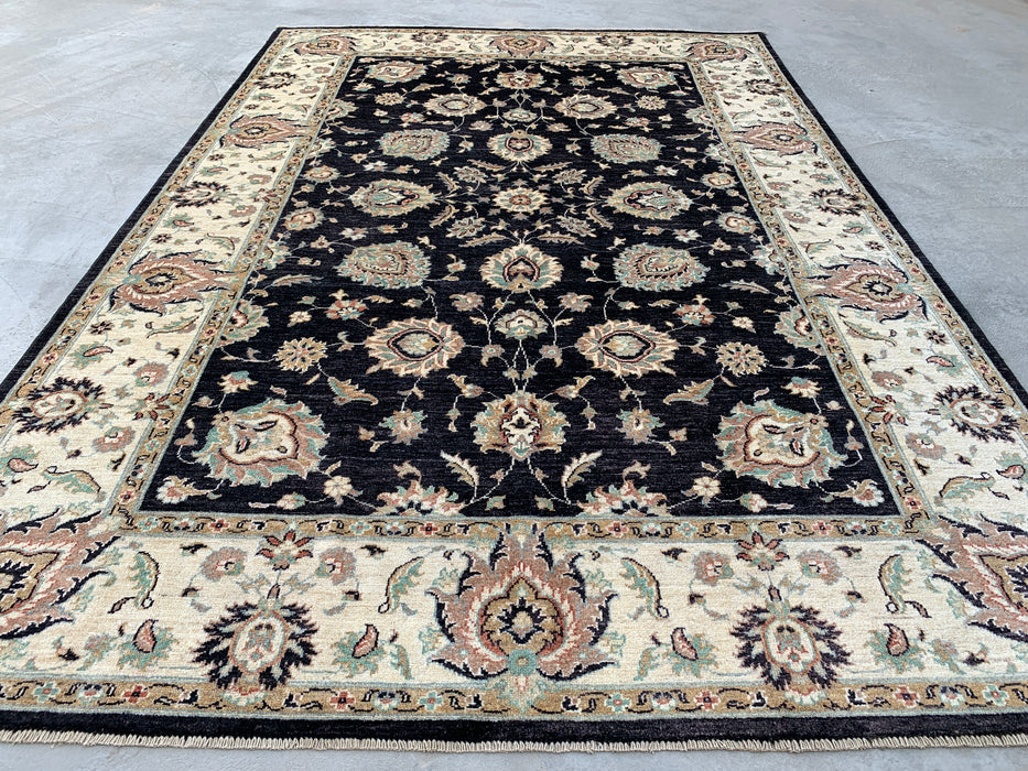 8'9 x 6'6 handgeknoopt Pesjwari Chobi wollen tapijt - Zwart traditioneel bloemrijk karpet - KBHM-551