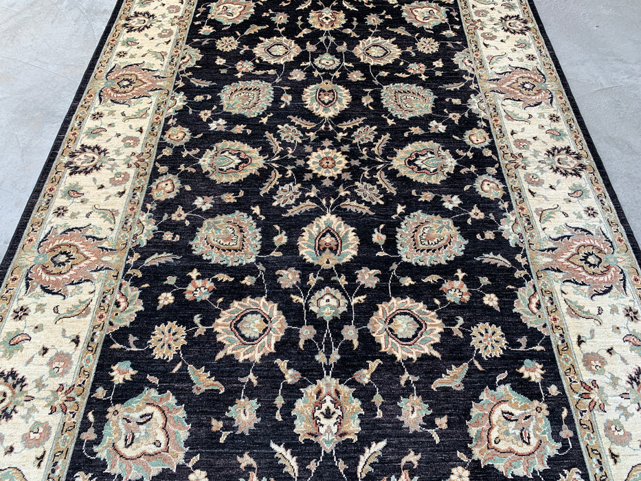 8'9 x 6'6 handgeknoopt Pesjwari Chobi wollen tapijt - Zwart traditioneel bloemrijk karpet - KBHM-551