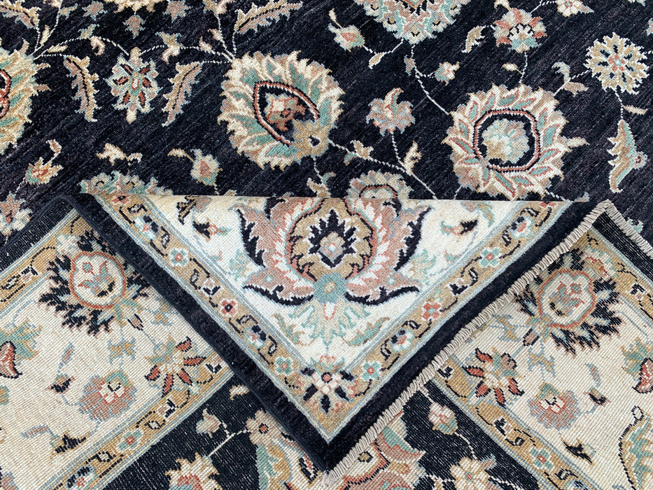 8'9 x 6'6 handgeknoopt Pesjwari Chobi wollen tapijt - Zwart traditioneel bloemrijk karpet - KBHM-551