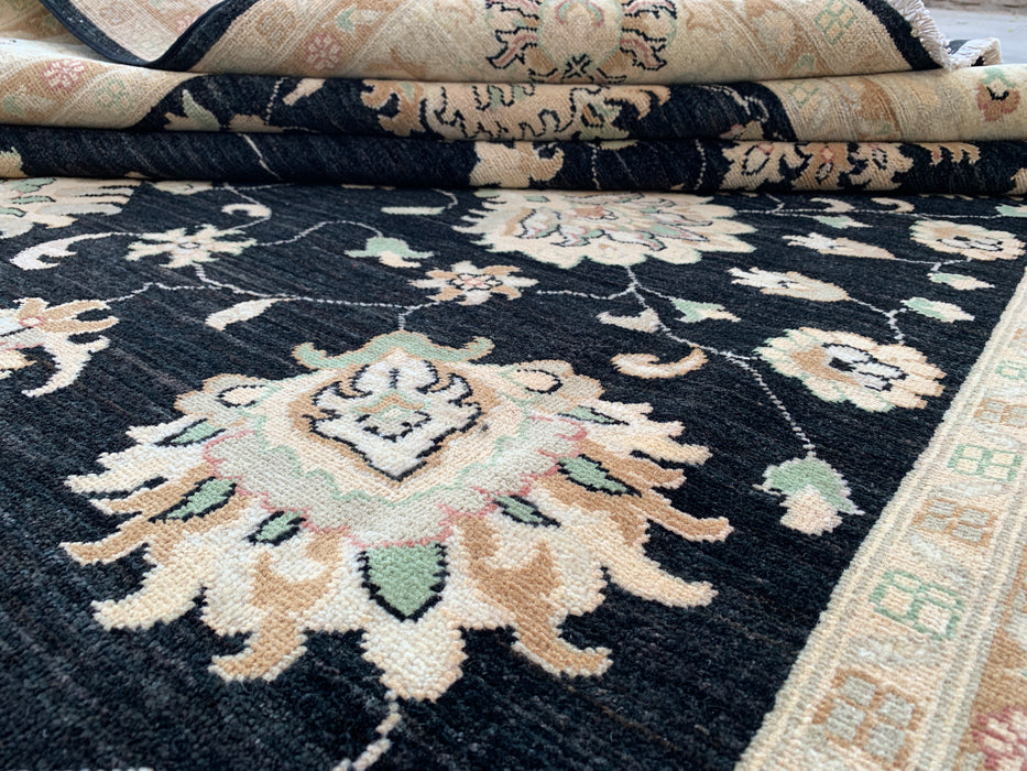 9'10 x 8'1 Hand-Knotted Peshawari Chobi Wool Rug - Black Traditional Floral Area Rug - KBHM-553