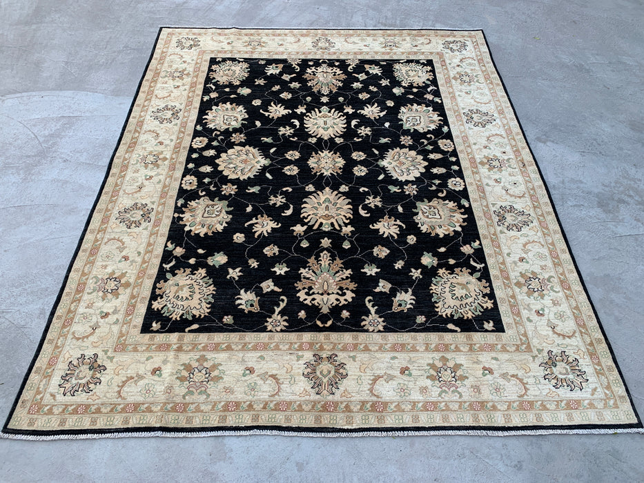9'10 x 8'1 Hand-Knotted Peshawari Chobi Wool Rug - Black Traditional Floral Area Rug - KBHM-553