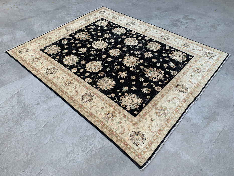 9'10 x 8'1 Hand-Knotted Peshawari Chobi Wool Rug - Black Traditional Floral Area Rug - KBHM-553