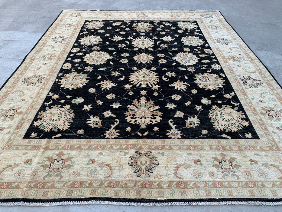 9'10 x 8'1 Hand-Knotted Peshawari Chobi Wool Rug - Black Traditional Floral Area Rug - KBHM-553