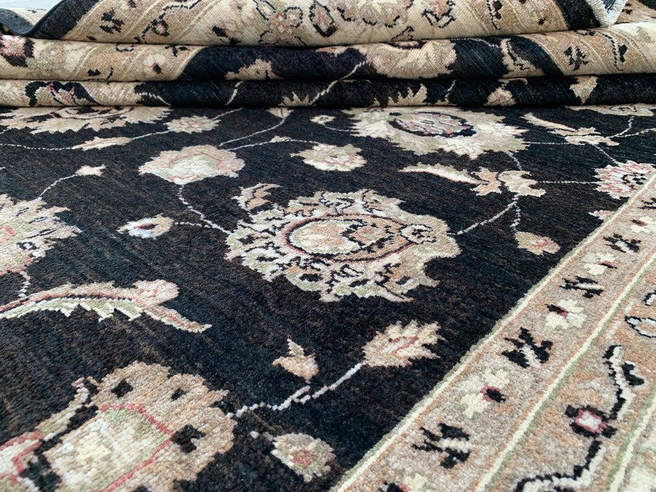 277 x 244 cm handgeknoopt Peshawari Chobi wollen tapijt - Zwart traditioneel gebloemd vloerkleed - KBHM-554