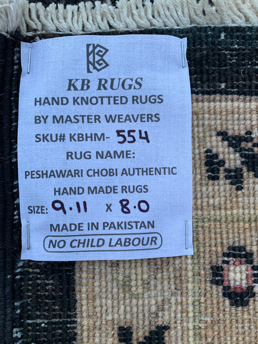 277 x 244 cm handgeknoopt Peshawari Chobi wollen tapijt - Zwart traditioneel gebloemd vloerkleed - KBHM-554