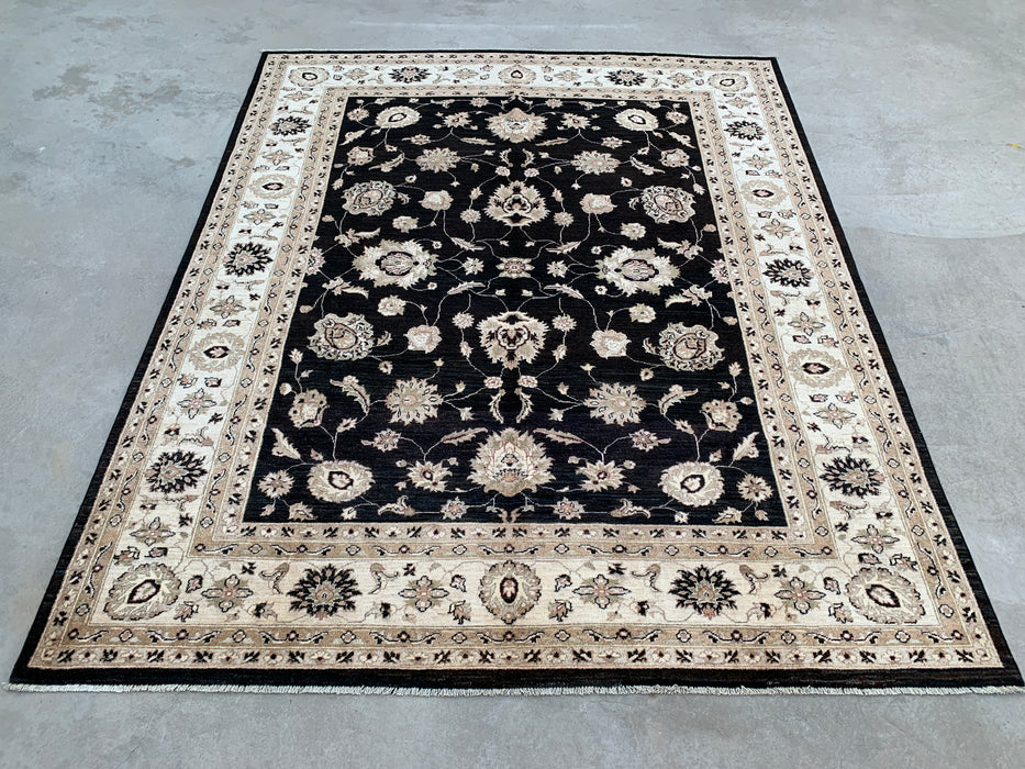 277 x 244 cm handgeknoopt Peshawari Chobi wollen tapijt - Zwart traditioneel gebloemd vloerkleed - KBHM-554