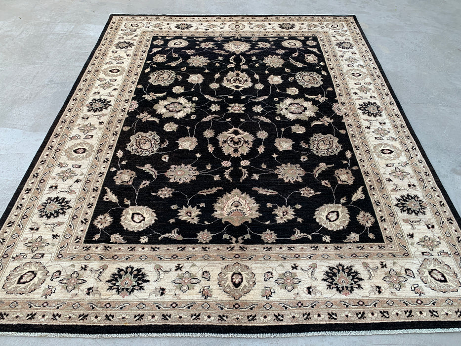 277 x 244 cm handgeknoopt Peshawari Chobi wollen tapijt - Zwart traditioneel gebloemd vloerkleed - KBHM-554