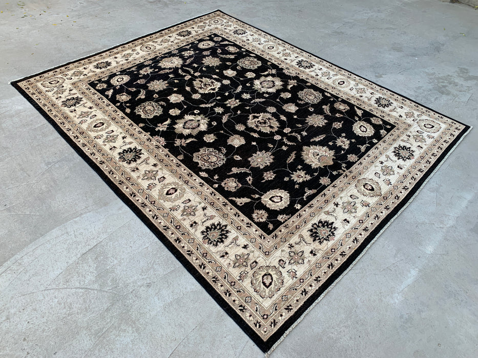 277 x 244 cm handgeknoopt Peshawari Chobi wollen tapijt - Zwart traditioneel gebloemd vloerkleed - KBHM-554