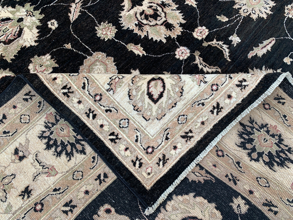 277 x 244 cm handgeknoopt Peshawari Chobi wollen tapijt - Zwart traditioneel gebloemd vloerkleed - KBHM-554