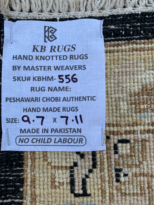 9'7 x 7'11 handgeknoopt Peshawari Chobi wollen tapijt - Zwart traditioneel bloemmotief karpet - KBHM-556