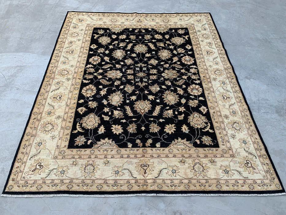 9'7 x 7'11 handgeknoopt Peshawari Chobi wollen tapijt - Zwart traditioneel bloemmotief karpet - KBHM-556