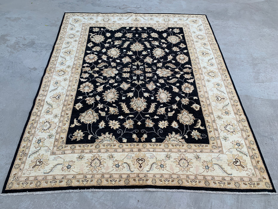9'7 x 7'11 handgeknoopt Peshawari Chobi wollen tapijt - Zwart traditioneel bloemmotief karpet - KBHM-556