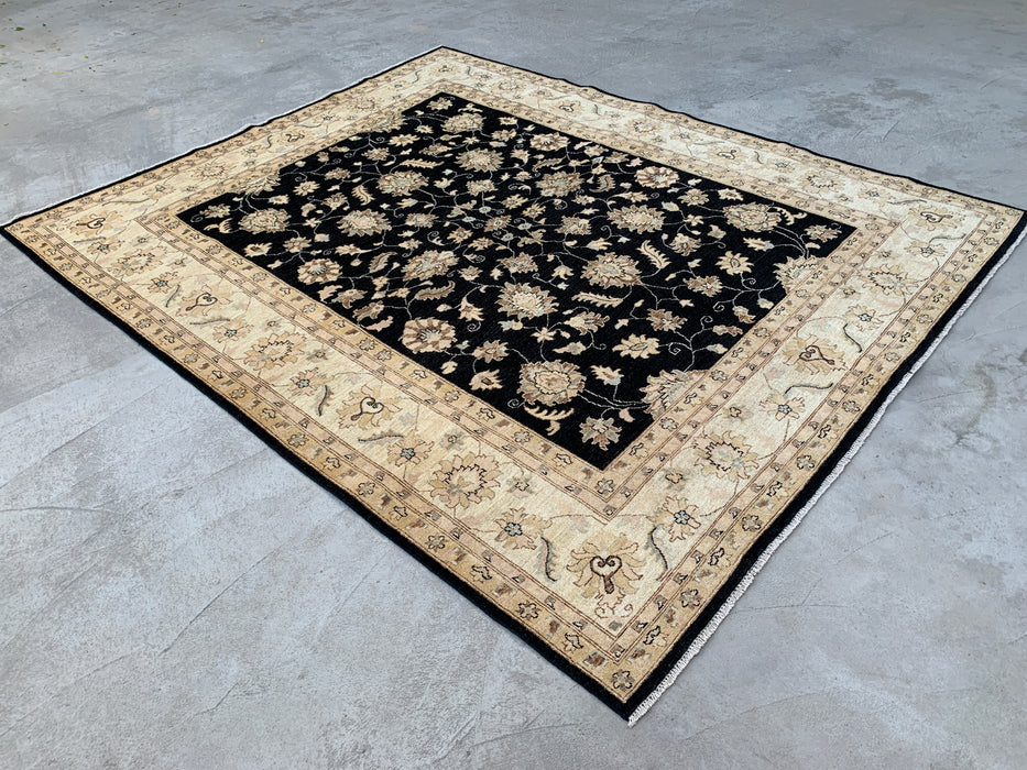 9'7 x 7'11 handgeknoopt Peshawari Chobi wollen tapijt - Zwart traditioneel bloemmotief karpet - KBHM-556